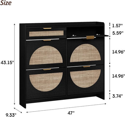 Rattan Shoe Storage Cabinet with 4 Flip Drawers & 2 Drawers, Freestanding Organizer for Front Door Entrance, Hidden Narrow Shoe Rack Cabinet Storage for Entryway, Black