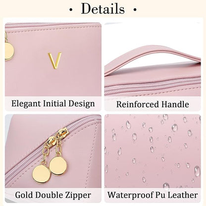 Valentine's Day Gifts for Women Teen Girl, Personalized Initial Makeup Organizer Bag Set, Open Flat Travel Cosmetic Bag With Clear Divider and Handle(Pink,V)