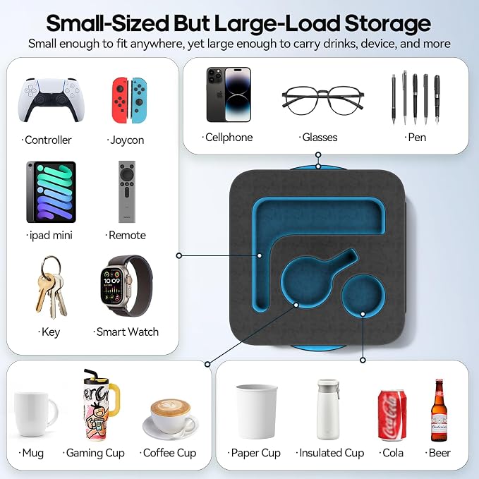 Couch Cup Holder Pillow, Sofa and Bed Organizer Caddy for iPad, Kindle, Switch, Game Controller, Remotes, Phones, Small-Sized Cup & Drink Holder for Couch, Bed, Desk, Car, Beach, Desk, Black