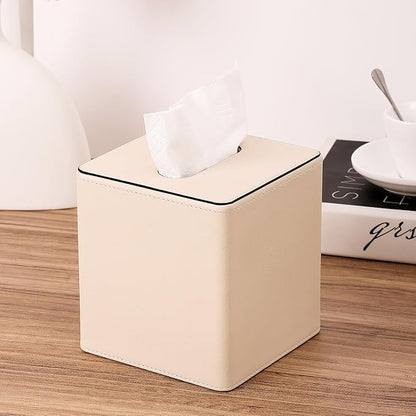 KINGFOM Leather Tissue Box Cover – Square Modern PU Leather Tissue Holder, Cube Tissue Dispenser for Home, Office, Bedroom, Bathroom – Elegant Minimalist Style (Beige-Square)