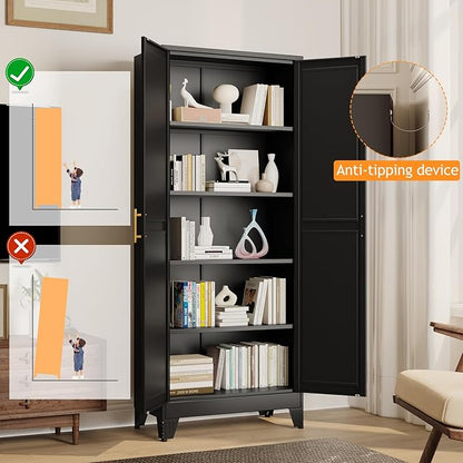 71" Tall Metal Pantry Storage Cabinet with Doors and 4 Adjustable Shelves, Black Kitchen Food Pantry Cabinets, Tall Freestanding Cupboard for Kitchen, Dining Room or Living Room, Black