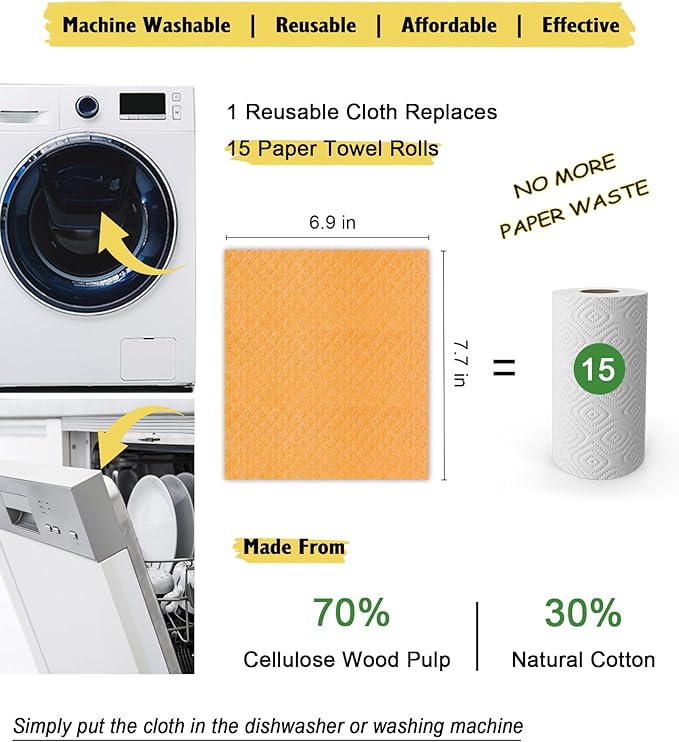 MoLKENE Swedish Dishcloths - 10 Pack Reusable Kitchen Dishcloths - Ultra Absorbent Dish Towels for Washing Dishes - Cellulose Sponge Cloth Cleaning Cloths - Orange