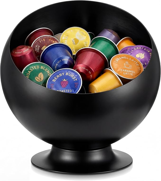 1 Pc Large Capacity Coffee Pod Holder for Countertop, Metal Capsule Organizer for Coffee Bar and Kitchen, Open Storage Bowl for Single-serve Pods (Black)