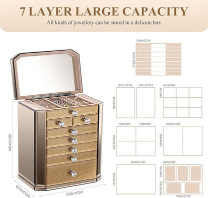 Large High End Glass Jewelry Box - 7 Layer Jewelry Organizer with Mirror, 2-Sided Doors, Velvet-Lined Storage for Rings, Necklaces, Earrings, Bracelets - Christmas Gift for Women