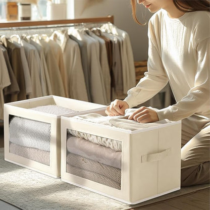 Homsorout Storage Cubes with Lids - 5 Pack Foldable Clear Window Storage Bins, Large Decorative Storage Bins with Handles, Storage Containers for Clothes, Towel, Blanket, Sheet, Beige