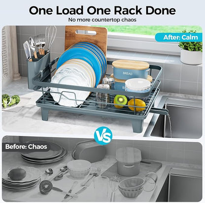 Urackify Dish Drying Rack for Kitchen Counter, Sink Dish Rack with Drainboard, Large Dish Drainer with Cups Holder, Home Countertop Plate Dryer Storage Rack with Cutlery Holder, Blue