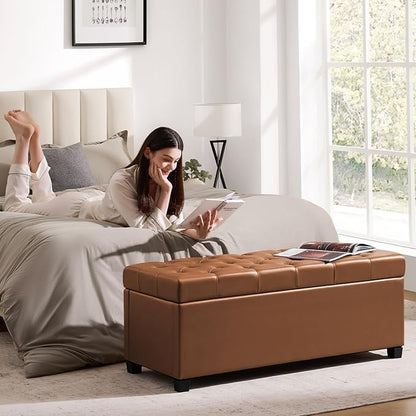 47.2" Ottoman with Storage, Storage Ottoman Bench with Safety Hinge,Tufted End of Bed Bench, Upholstered Entryway Bench for Bedroom, Living Room & Window (Brown-Upgraded Version)