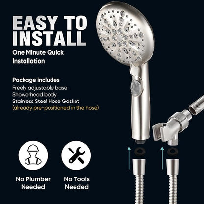 Cobbe 9-Function Shower Head with Built-in Power Spray, 1.8 GPM Water Saving ON/OFF Toggle Switch, High Pressure Handheld Showerhead with 1-Click Pause Button, Brass Bracket & 6ft Hose, Brushed Nickel