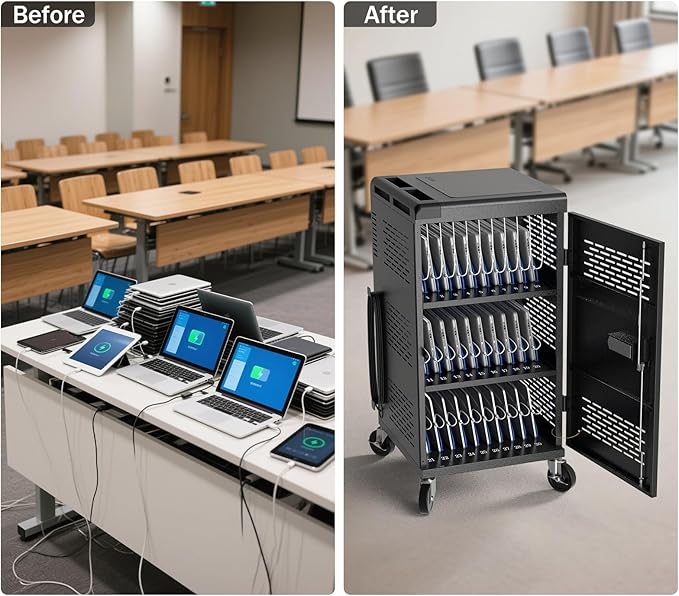 8 Pack | Fully Assembled 30 Bay Multi Device Charging Station for Chromebook,iPad,14'' Laptop,Pre Built Computer Charging Cart with Charger Cable Management,Circuit Breaker,Grounding Protection(Black)