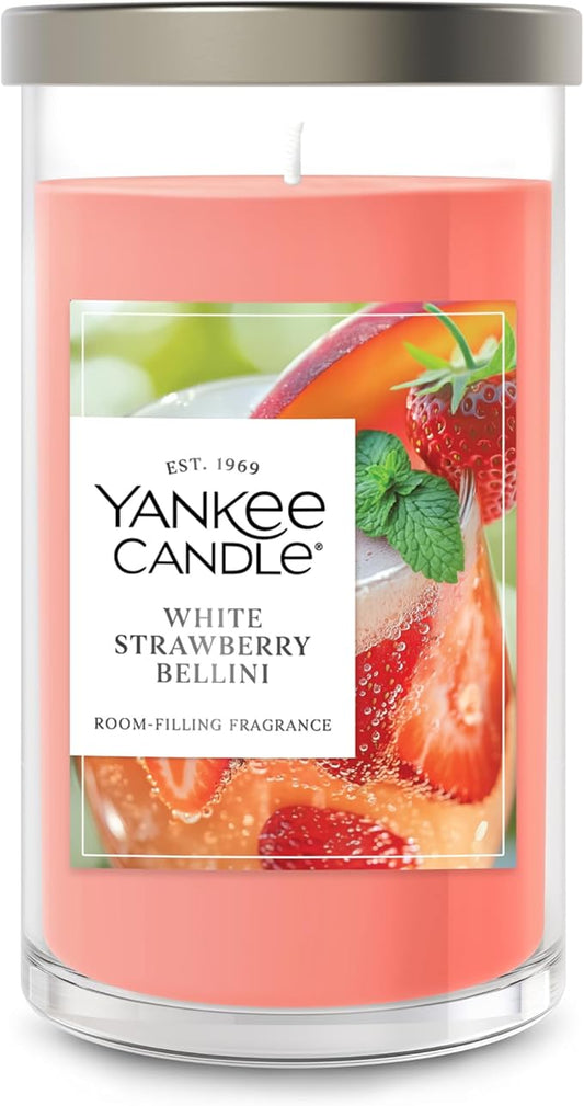 Yankee Candle Medium Pillar Scented Candle with up to 115 Hour Burn Time, Premium Plant Wax Blend for Consistent Burn, 14.25 oz Pillar Candle with Room Filling Fragrance, White Strawberry Bellini