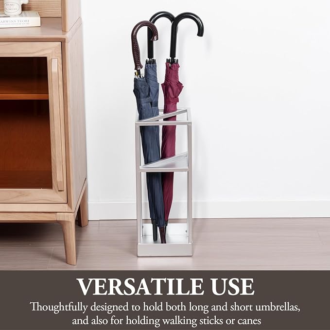 MyGift 20 Inch Tall Modern Silver Tone Metal Geometric Freestanding Entryway Umbrella Rack or Cane Holder with Shelf for Small Umbrellas and Bottom Drip Tray