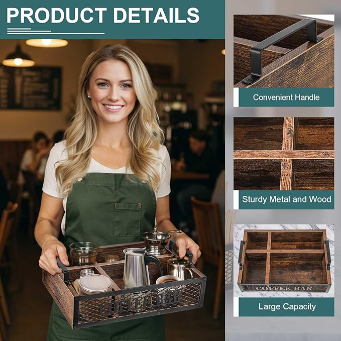Yalikop Coffee Station Organizer for Countertop, All in One No Assembly Wood Coffee Creamer Bar Holder with Iron Mesh, Office Tea Bar Accessories Gift for New Home Birthday(Brown,Natural)