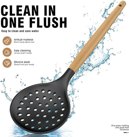 oannao Silicone Cooking Utensils Set Utensil Sets - 446°F Heat Resistant Silicone Kitchen Utensils Set Wooden Handles, Silicone Utensils for Cooking w Holder for Non-Stick Cookware BPA FREE (Black)