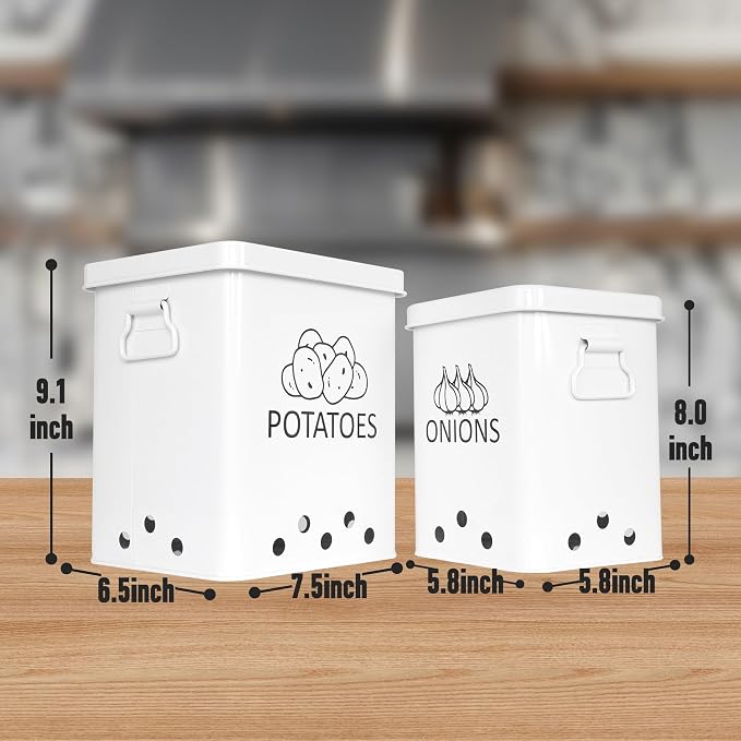 Potato and Onion Storage Bin, Set of 2 Vegetable Storage Tins with Metal Lids & Side Handles, Dual-row Ventilation Holes, Farmhouse Metal Kitchen Canisters Sets, White