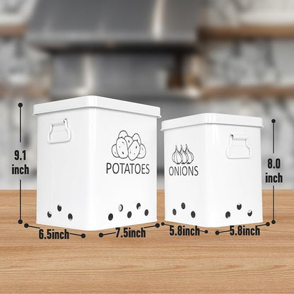 Potato and Onion Storage Bin, Set of 2 Vegetable Storage Tins with Metal Lids & Side Handles, Dual-row Ventilation Holes, Farmhouse Metal Kitchen Canisters Sets, White