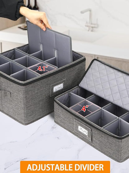 punemi 6-Piece Hard Shell China Storage Containers, Mug & Cup Organizer, Wine Glass Storage Boxes with Dividers & Carry Handles, Moving Boxes for Dinnerware, Glassware, and Stemware,Grey