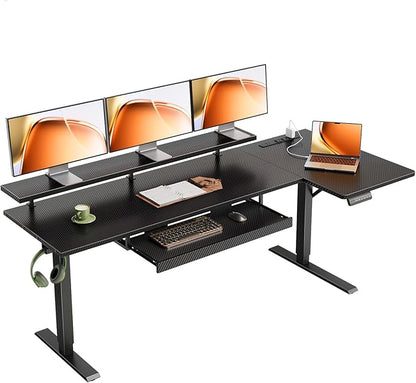OffiGo 63 Inch L Shaped Electric Standing Desk with Keyboard Tray, Reversible Height Adjustable Corner Computer Desk with Monitor Stand, Sit Stand Up Lift Table for Home, Office, Carbon Fiber Black