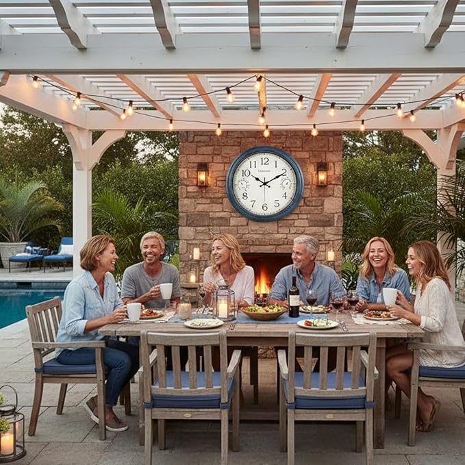 16 Inch Large Outdoor Clock with Thermometer & Hygrometer – Vintage Blue Coastal Decor Waterproof Wall Clock for Patio, Pool, Garden, Backyard