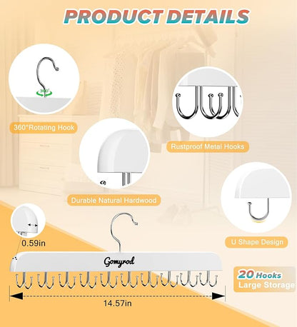 Gomyrod Bra Hanger for Closet, 2 Pack Tank Top Hanger w/20 Hooks Capacity Foldable Wood Space Saving Hangers, 360°Rotating Closet Organizers and Storage for Dorm & Apartment for Bra Scarf Ties(White)