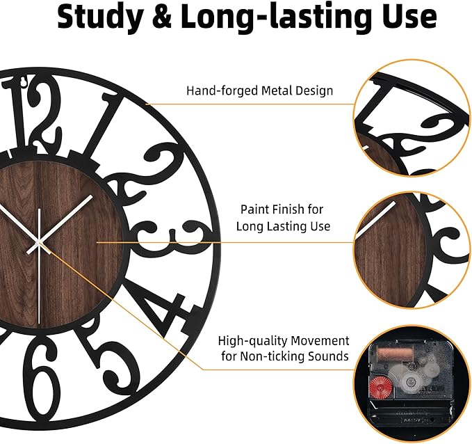 24'' Silent Wall Clock with Night Light, Glow in The Dark Decorative Wall Clock Battery Operated, Rustic Modern Metal & Wood Clocks for Bedroom Living Room Decor, Arabic Numerals