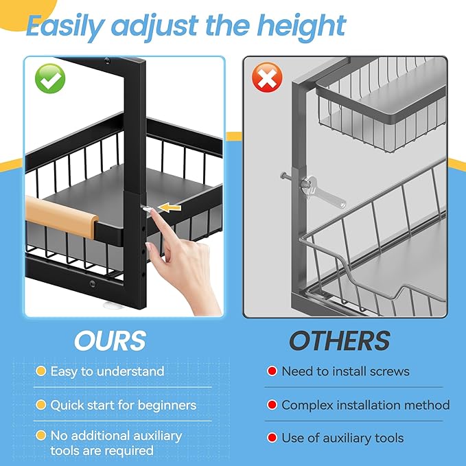 ADBIU Under Sink Organizer(10 Seconds Installation), 2 Packs 2 Tier Expandable Height (11"" - 16"") Under-Sink Organizers Slide out Pull out Organizer Shelf, Black