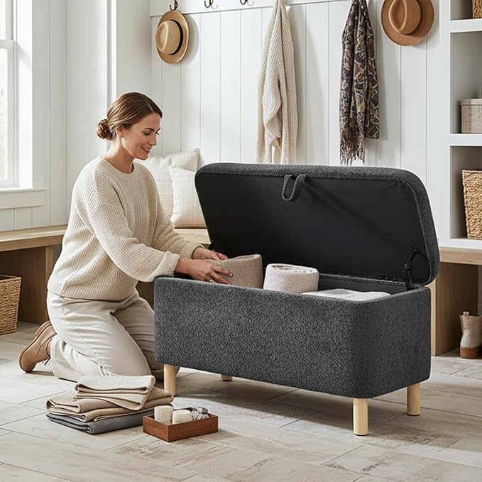 Ottoman with Storage, Storage Ottoman Bench, Entryway Bench with Wood Legs for Living Room, Sitting Area, Dark Grey