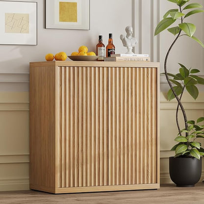 31” Sideboard Cabinet with Storage, Fluted Accent Cabinet with Adjustable Shelves, Modern Wood Credenza Cabinets with Pop-up Doors for Entryway Kitchen Living Room Hallway, Oak