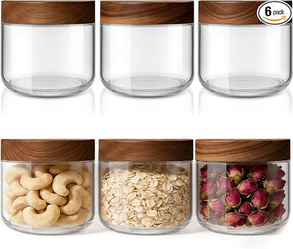 Bumobum 8 oz Glass Mason Jars with Lids, Small Glass Container with Acacia Wood Airtight Lid, Wide Mouth Canisters for Chia Pudding Loose Tea Coffee Salad Snacks Yogurt Spice, 6-Pack