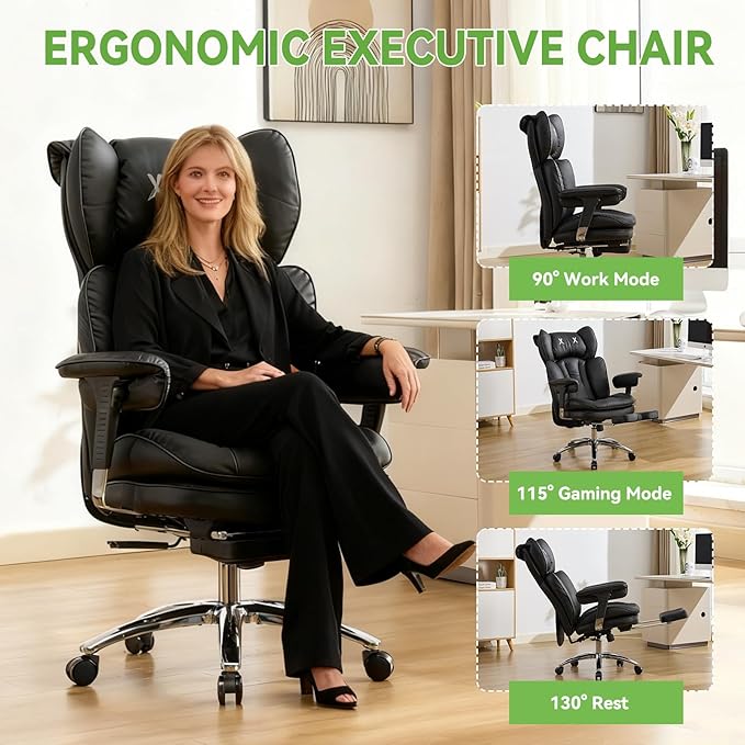 Efomao Big & Tall Executive Office Chair with Footrest - 400lbs Heavy Duty High Back PU Leather Desk Chair, Modern Ergonomic Reclining Computer Chair, Black