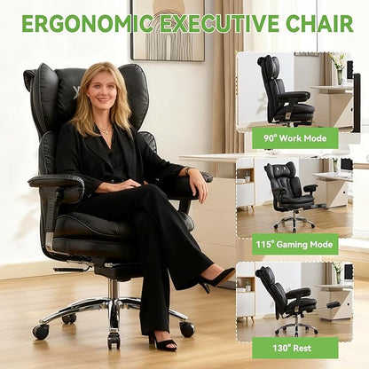 Efomao Big & Tall Executive Office Chair with Footrest - 400lbs Heavy Duty High Back PU Leather Desk Chair, Modern Ergonomic Reclining Computer Chair, Black