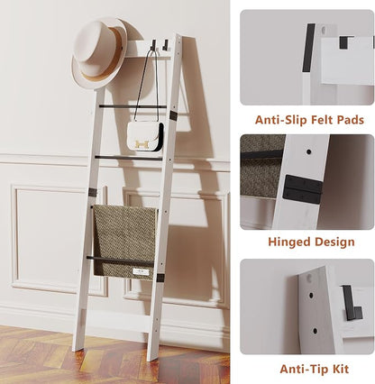 TRIFEBLE 6 Tier Blanket Ladder Shelf for Living Room and Bedroom, Ladder Holder with 4 Metal Hooks, 5.2ft Blanket Quilt Holder Rack, Farmhouse Ladder Rack for Storage and Home Decor, White