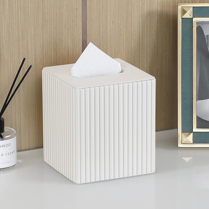 MEIBOOCH PU Leather Tissue Box Cover Square Tissue Box Holder with Magnetic Closure (Ivory Stripe)
