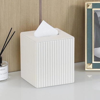 MEIBOOCH PU Leather Tissue Box Cover Square Tissue Box Holder with Magnetic Closure (Ivory Stripe)