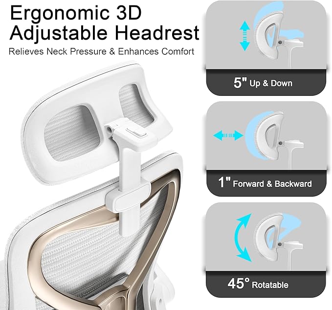 Ergonomic Office Chair for Back & Neck Pain Relief, Virgin Foam Seat, 2D Adjustable Lumbar & 3D Headrest, Tilt & Rock for Relaxation, Ideal for Long Sitting Comfort, White/Gold