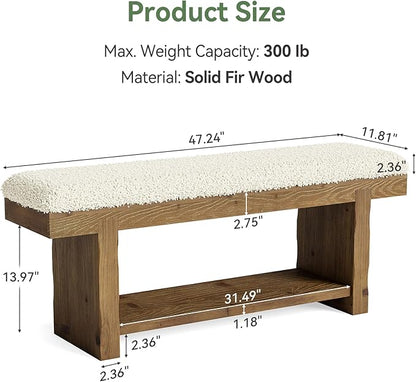 47.2" Solid Wood Bench, 2-Tier Farmhouse Upholstered Entryway Bench with Storage Shelf, Narrow Rustic Bench for Bedroom, Entryway, Mudroomn