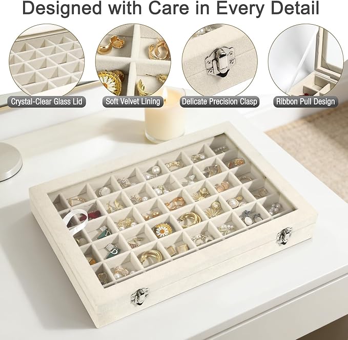48 Grid Velvet Stud Earring Organizer Storage Tray, Adjustable Earring Holder Organizer with Clear Lid, Jewelry Display Box for Earrings, Rings, Necklaces and Studs, Gift for Women and Girls