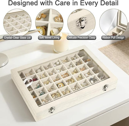 48 Grid Velvet Stud Earring Organizer Storage Tray, Adjustable Earring Holder Organizer with Clear Lid, Jewelry Display Box for Earrings, Rings, Necklaces and Studs, Gift for Women and Girls