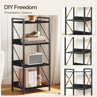 HOOBRO Bookshelf, 4-Tier Industrial Bookcase, Book Shelf Storage Organizer, Small Bookshelf with Metal Frame for Living Room, Bedroom, Home Office, Kitchen, Black BB40SJ01