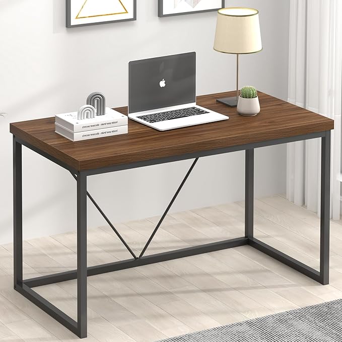 FOLUBAN Modern Office Desk, Rustic Wood and Metal Computer Desks, Industrial Study Writing Table, Simple Work Gaming PC Desk for Bedroom Living Room, Walnut 47 Inch