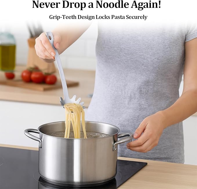 Stainless Steel Pasta Spoon with Teeth Pasta Server & Spaghetti Spoon with Drain Holes for Noodles, Pasta, Cooking & Serving (Silver)
