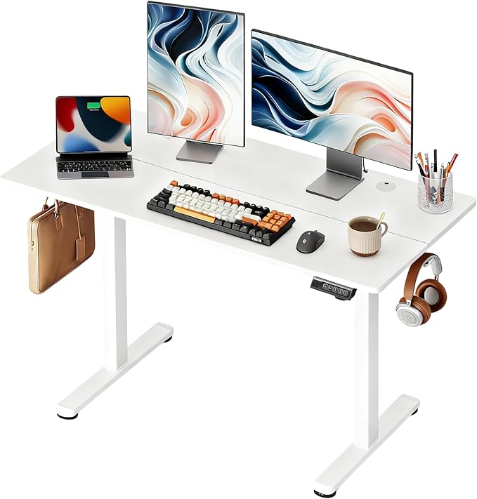 DEVAISE 48 Inch Electric Standing Desk, 3 Adjustable Height Stand up Desk for Home Office, Ergonomic Sit to Stand Desk with LED Touchscreen，Headphone Hook, 3 Memory Preset Computer Desk (White)