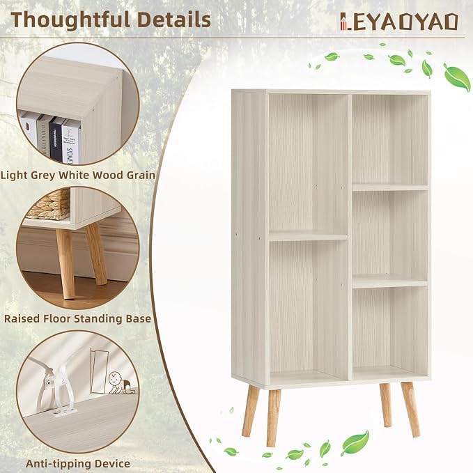 LEYAOYAO 5 Cube Bookshelf 3-Tier Bookcase with Legs,Mint Light Grey White Book Shelf Cute Storage Organizer,Free Standing Open Toy Shelves Wood Bookshelves,Display Bookcases for Bedroom,Living Room