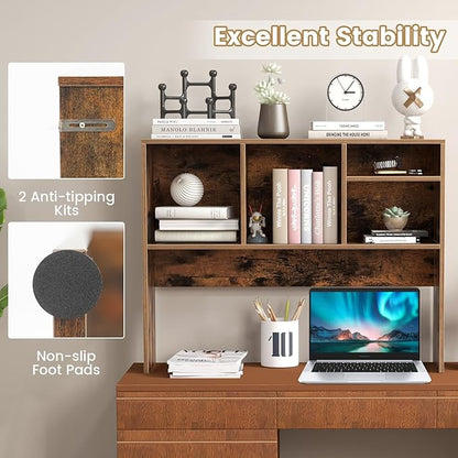 Desk Hutch, Desktop Shelf with 4 Shelves, Desk Bookshelf w/Anti-Toppling Devices, Wood Table Top Bookshelf Organizer, Small Desk Shelf for Study, Office, Dorm (Rustic Brown, 4 Shelves)