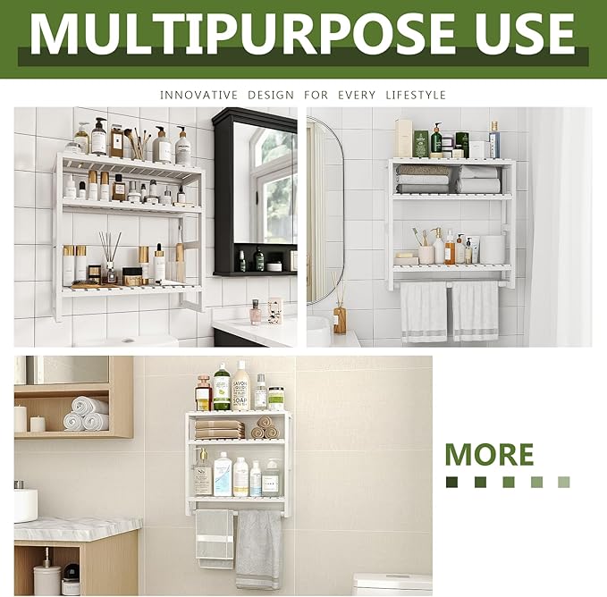 Galood Over The Toilet Storage Bathroom Shelves Wall Mounted 3 Tier Space Saver Corner Shelf Organizer Bamboo Towel Rack Toilet Paper Cabinet with Hanging Rod White