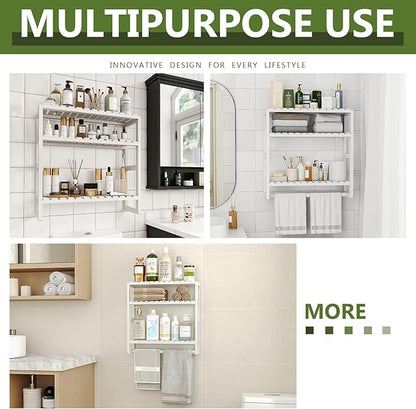 Galood Over The Toilet Storage Bathroom Shelves Wall Mounted 3 Tier Space Saver Corner Shelf Organizer Bamboo Towel Rack Toilet Paper Cabinet with Hanging Rod White