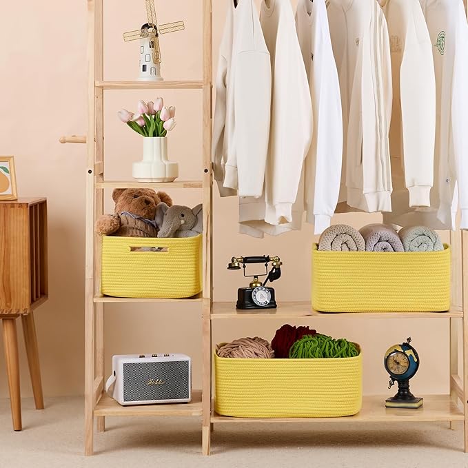 MiniArk Large Storage Baskets for Shelves, Closet Organizers Bins for Clothes Blanket Towels, Baby Nursery, Toy Baskets Box, Woven Rope Baskets, 17 x 13 x 7.5”, 3 Packs Yellow