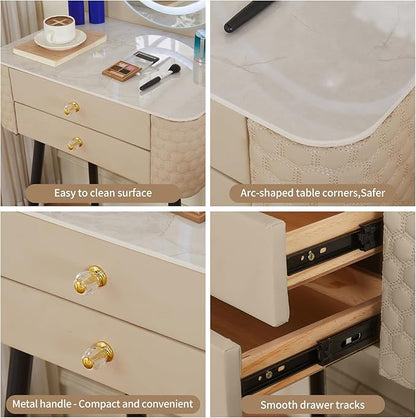 Makeup Vanity with Round Mirror,Light,Two Drawers,Cushioned Stool Set.Small Dressing Table for bedrooms and Dressing Rooms.Beige-Gray