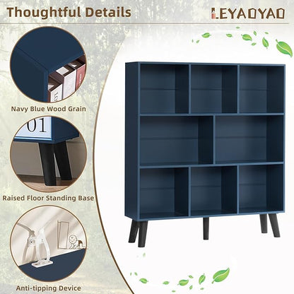 LEYAOYAO 8 Cube Bookshelf,3 Tier Bookcase with Legs,Dark Blue Mid-Century Modern Bookshelves,Large Open Storage Organizer Shelf, Wooden Book Case