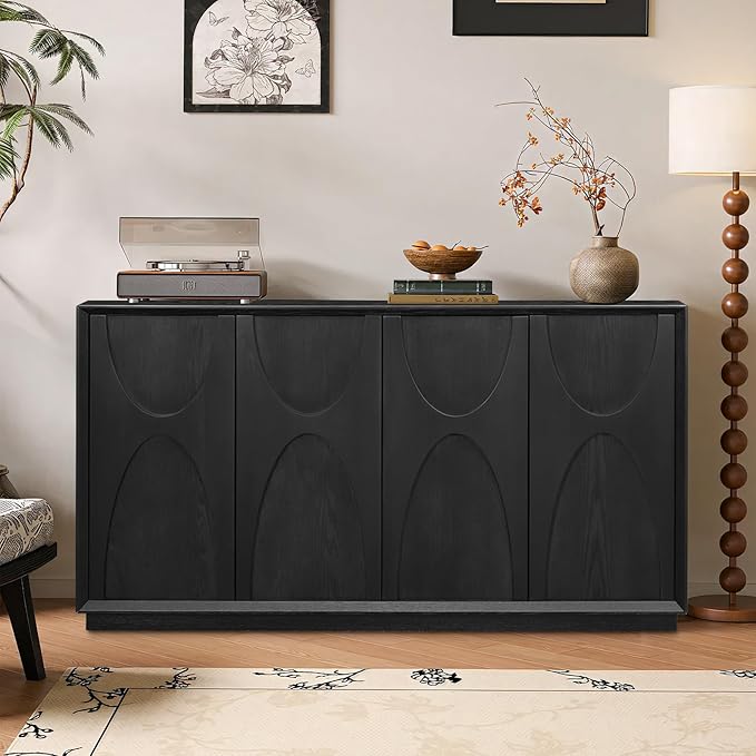 Sideboard Buffet Cabinet, Accent Storage Cabinet with 4 Doors and Adjustable Shelf, Farmhouse Mid Century Modern Buffet Sideboard for Living Room, Kitchen, Entry (Black)