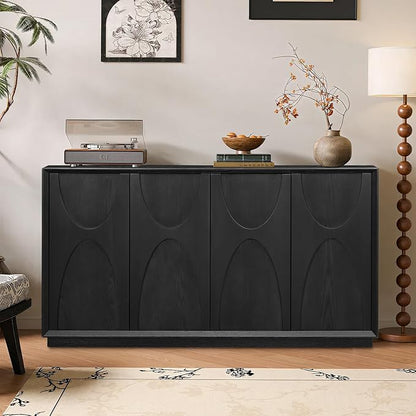 Sideboard Buffet Cabinet, Accent Storage Cabinet with 4 Doors and Adjustable Shelf, Farmhouse Mid Century Modern Buffet Sideboard for Living Room, Kitchen, Entry (Black)